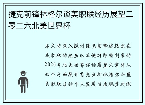 捷克前锋林格尔谈美职联经历展望二零二六北美世界杯